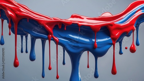 Vibrant red and blue paint dripping in an artistic splash against a neutral background showcasing texture and color contrast.