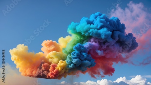 vibrant colored smoke cloud in the sky creating a rainbow effect against a blue background with fluffy white clouds