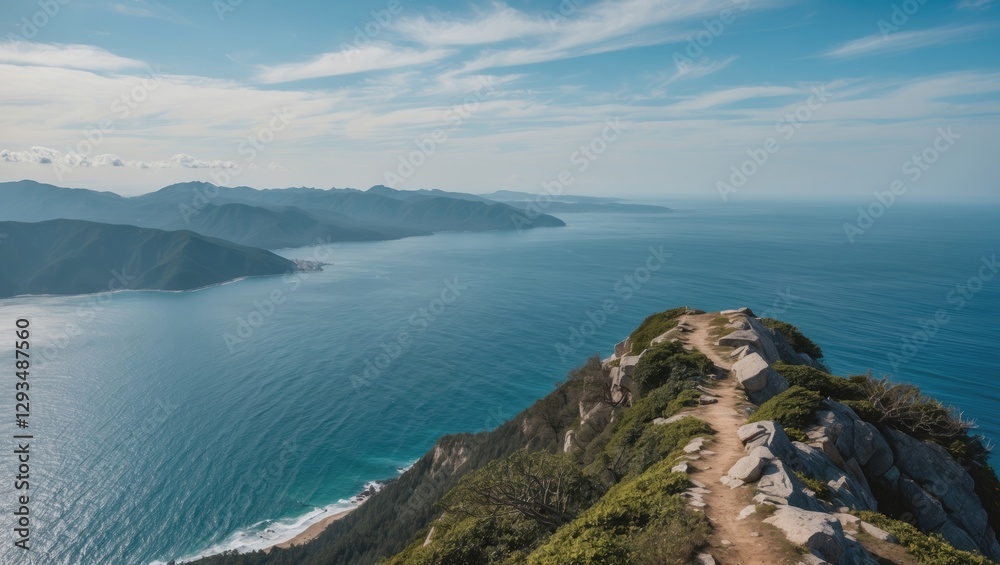 Breathtaking Ocean View from Mountain Peak with Scenic Landscape and Clear Sky Ideal for Inspirational Text and Travel Content Breathtaking Ocean View from Mountain Peak with Scenic Landscape and Clear Sky Ideal for Inspirational Text and Travel Content
