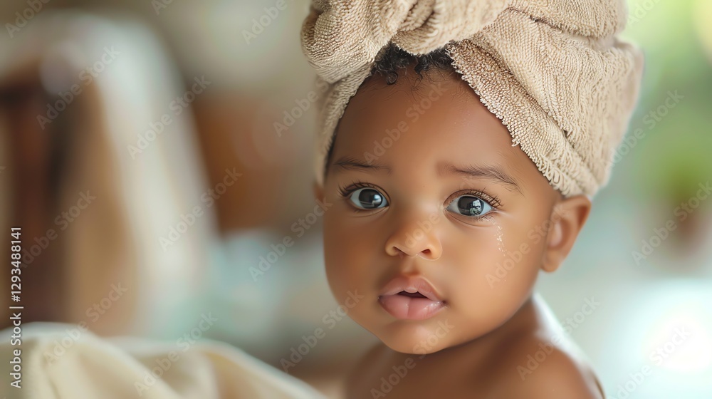 A baby with brown skin and big brown eyes looks at the camera while wrapped in a tan towel. A baby with brown skin and big brown eyes looks at the camera while wrapped in a tan towel.