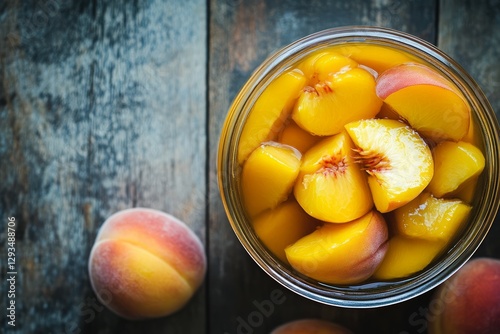Canned peaches in syrup close-up. Neural network AI generated