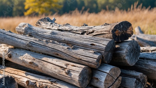 Wallpaper Mural Sunlit weathered gray wooden logs stacked in a grassy field showcasing the beauty of nature and rustic charm. Torontodigital.ca