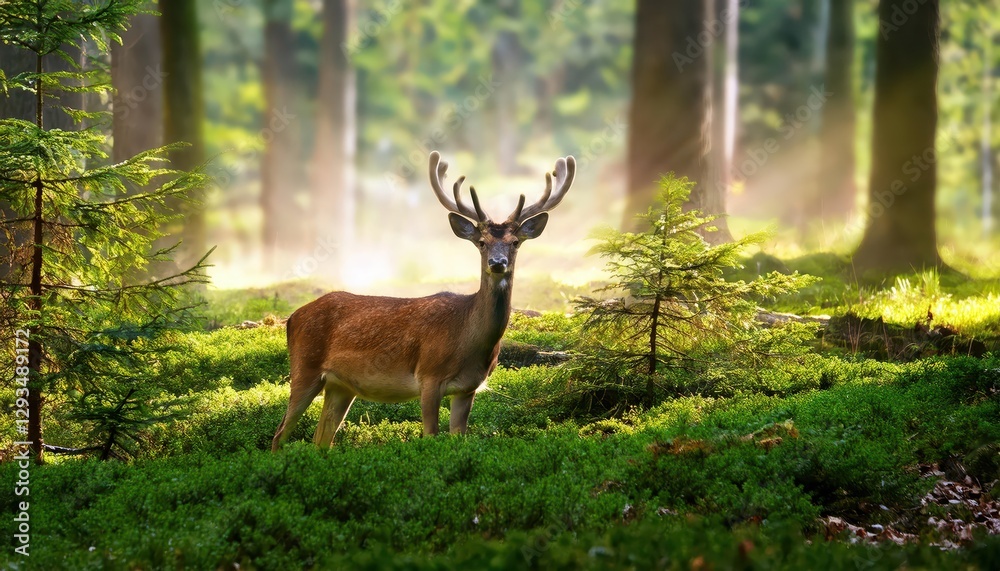 Deer Roaming Peacefully in a Lush Green Forest Tranquil Moment Captured at Twilight, Showcasing the Majesty of Natures Palette Deer Roaming Peacefully in a Lush Green Forest Tranquil Moment Captured at Twilight, Showcasing the Majesty of Natures Palette