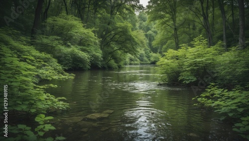 Serene Forest Stream Surrounded By Lush Green Foliage In Summer With Calm Waters And Natural Beauty