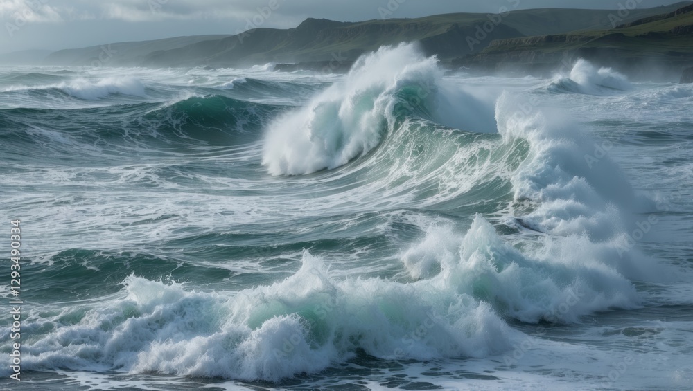 Fototapeta premium Dynamic ocean waves crashing on rocky shoreline under dramatic sky, showcasing power and beauty of nature's elements in motion.