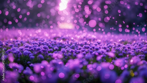 Vibrant purple bokeh effect over blooming flowers creating a dreamy and serene natural landscape background for floral designs.