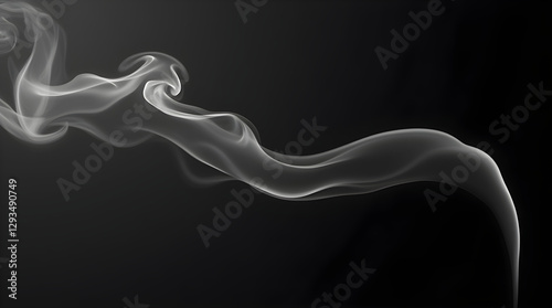 A delicate wisp of smoke swirls elegantly against a dark black background, forming fluid, abstract shapes. The soft, white tendrils create a mesmerizing contrast, evoking a sense of mystery.