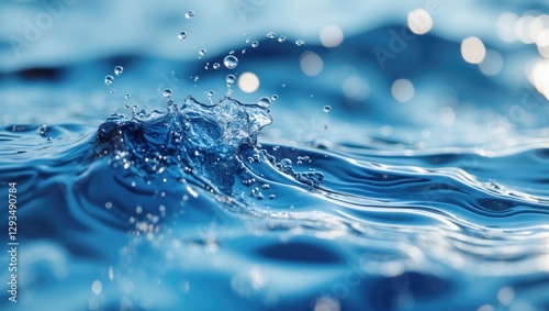 Calm blue water surface with shimmering waves, splash droplets, and bubbles creating a tranquil and reflective textured background.