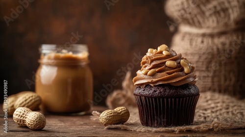 Delicious chocolate cupcake topped with creamy peanut butter frosting surrounded by peanuts and a jar of peanut butter on a rustic wooden table