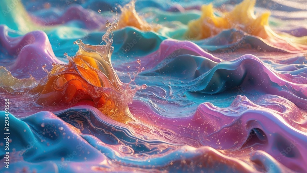Naklejka premium Translucent hues and swirling metallic textures create a dynamic landscape in this abstract fluid art piece showcasing alcohol ink techniques.