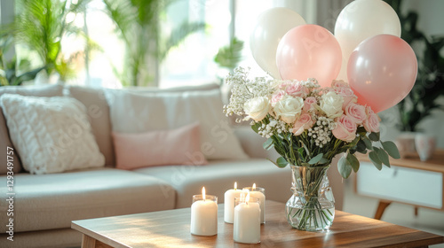 This cozy and inviting living room is beautifully decorated for International Women's Day, featuring a stunning floral arrangement of pink and white roses and delicate white flowers
