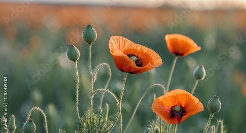 Poppies Blooming in a Field with Buds and Empty Space for Text in Soft Natural Light