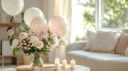 Modern Living Room Decorated for International Women's Day with Roses, Balloons, and Candles