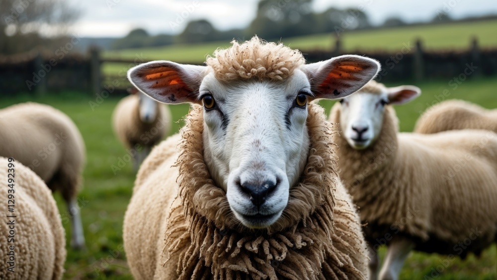 Close-up of a curious sheep in a green countryside setting with grazing flock in the background showcasing rural life and farm animals. Close-up of a curious sheep in a green countryside setting with grazing flock in the background showcasing rural life and farm animals.
