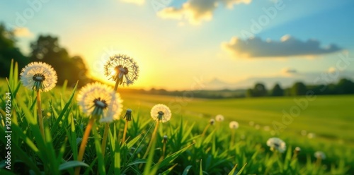 White dandelion blooms on a lush emerald green meadow under a clear blue sky at sunset, nature, garden, countryside