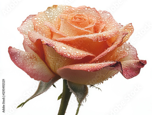 A delicate close-up of a soft pink rose, its petals adorned with tiny droplets of dew