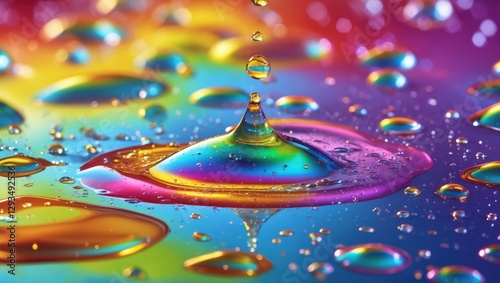 Colorful water droplets on a vibrant rainbow surface creating an abstract summer mood showcasing beauty and freshness in nature.