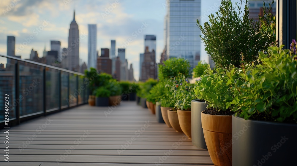 Fototapeta premium Urban Rooftop Garden with Green Plants, Wooden Decking, and City Skyline Background Featuring Modern Architecture and Clear Sky
