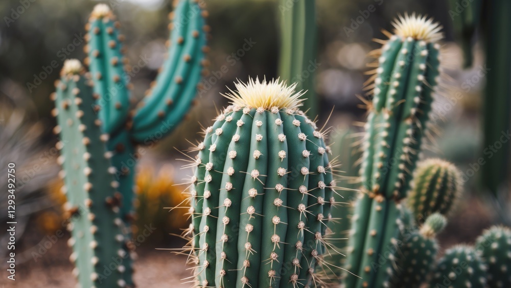 Naklejka premium Close-up View of Green Cactus with Prominent Spines Against Soft Background in Natural Desert Environment