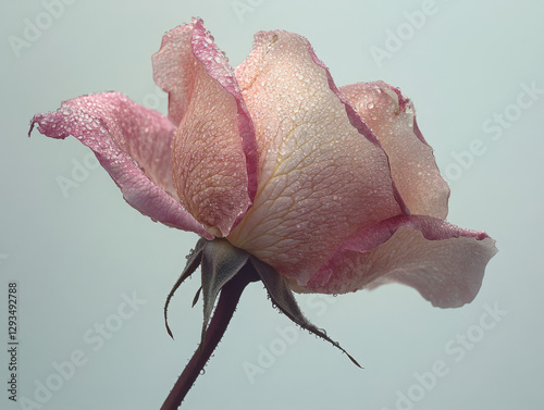 A soft and elegant close-up of a delicate pink rose with dew-covered petals