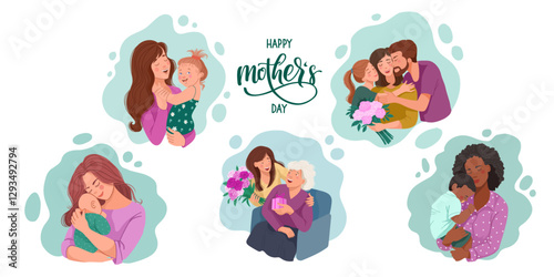 Set of cute Mothers Day illustrations isolated on white background. Vector illustration