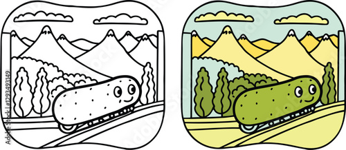 a pickle riding a train, coloring page, illustration, line art