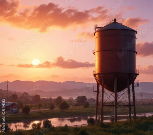 Water tower at sunset with warm light and colors , evening, sunset
