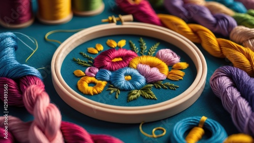 Embroidery setup with vibrant threads and hoop showcasing intricate floral design on teal fabric, ideal for craft and DIY projects. photo