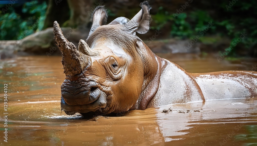 Muddybrowed Rhino Wallowing in Zoo Enclosure Majestic Beast Embraced by Earthy Tones and Muddy Waters, Stirring a Sense of Gritty Serenity Muddybrowed Rhino Wallowing in Zoo Enclosure Majestic Beast Embraced by Earthy Tones and Muddy Waters, Stirring a Sense of Gritty Serenity