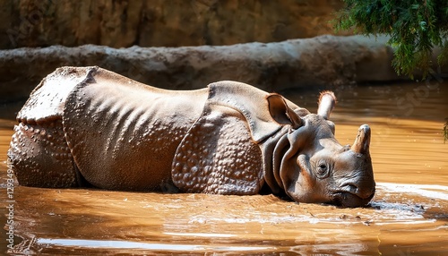 MudBathed Rhino in a Zoo Enclosure Majestic Creature Amidst Muddiness and Water, Expressing Strength and Tranquility at Early Afternoon photo