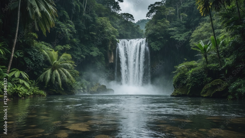 Majestic waterfall cascading through lush green rainforest with mist and tranquil waters, ideal for nature and travel themes. Majestic waterfall cascading through lush green rainforest with mist and tranquil waters, ideal for nature and travel themes.