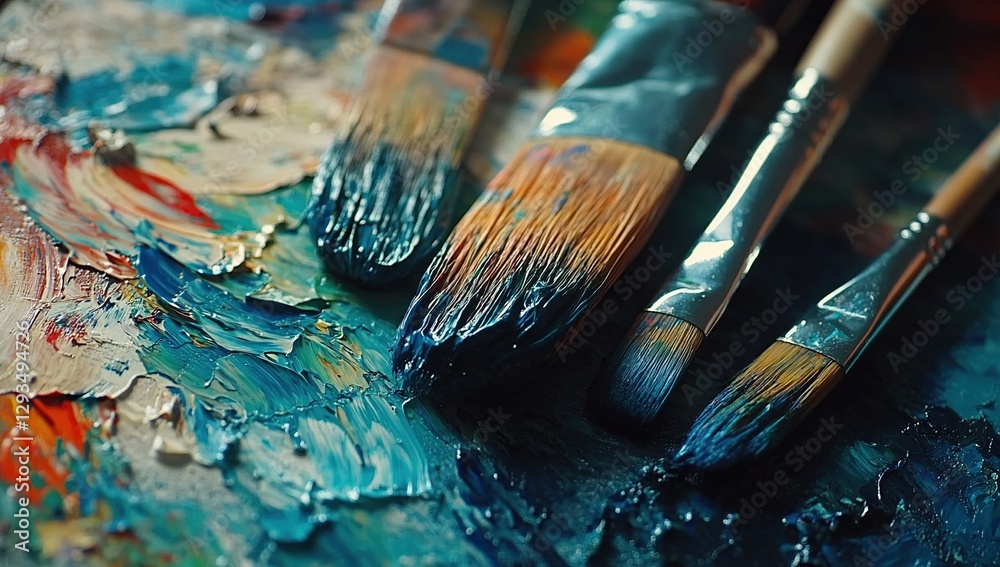 Fototapeta premium Close-up of Paintbrushes on a Colorful Palette