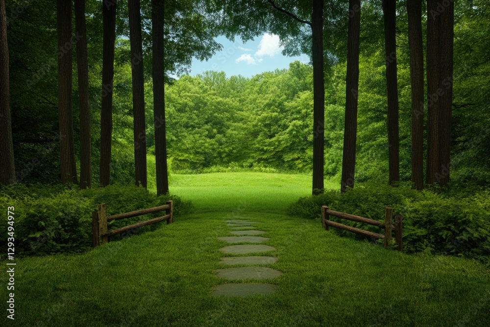 Lush forest pathway leads to vibrant clearing, surrounded by tow Lush forest pathway leads to vibrant clearing, surrounded by tow