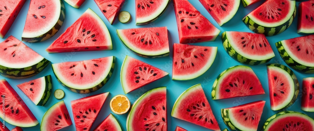 Bright Watermelon Slices Arranged on Blue Background Fresh Summer Fruit Top View Colorful Pattern with Space for Text or Design Elements Bright Watermelon Slices Arranged on Blue Background Fresh Summer Fruit Top View Colorful Pattern with Space for Text or Design Elements