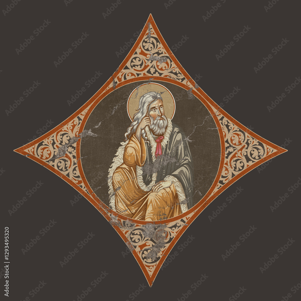Fototapeta premium Decorative vintage element with Prophet Saint Elijah. Illustration in Byzantine style