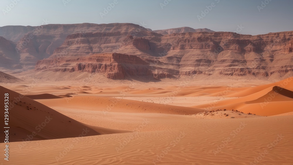 Fototapeta premium Wadi Rum majestic red desert landscape with vast sand dunes and rocky formations under clear sky suitable for text placement
