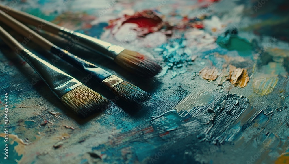 Obraz premium Closeup of Paintbrushes on a Colorful Palette