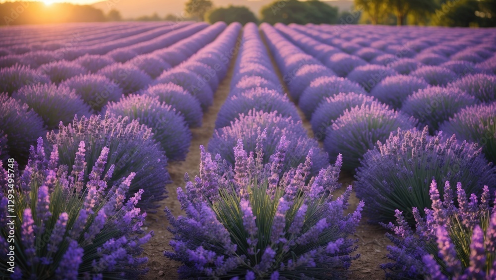 Naklejka premium Lavender Fields at Sunrise with Lush Rows of Purple Blooms and Clear Space for Text Overlay or Creative Projects