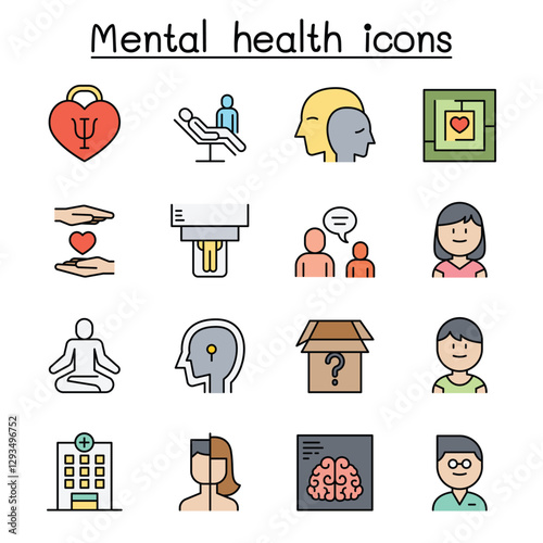 Mental health & psychology icon set in thin line style