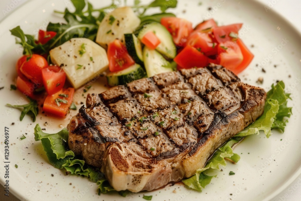 A juicy grilled steak served with a fresh salad of tomatoes, cucumbers, and greens, garnished with herbs on a white plate. A juicy grilled steak served with a fresh salad of tomatoes, cucumbers, and greens, garnished with herbs on a white plate.