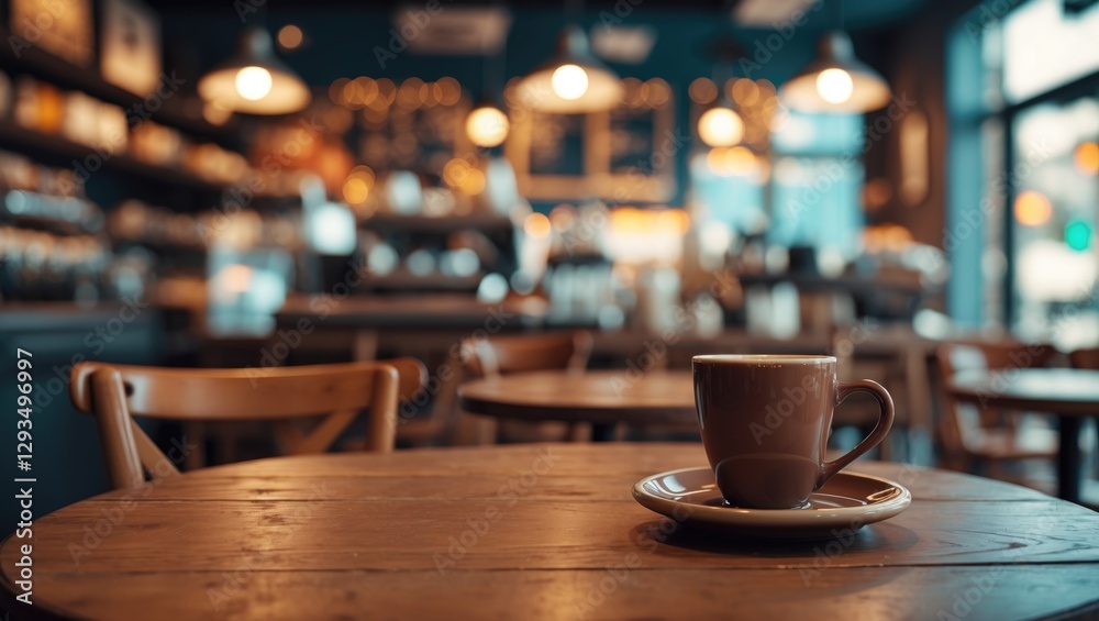 Cozy coffee shop setting with a focus on an empty wooden table and a coffee cup, ideal for product display and promotional use. Cozy coffee shop setting with a focus on an empty wooden table and a coffee cup, ideal for product display and promotional use.