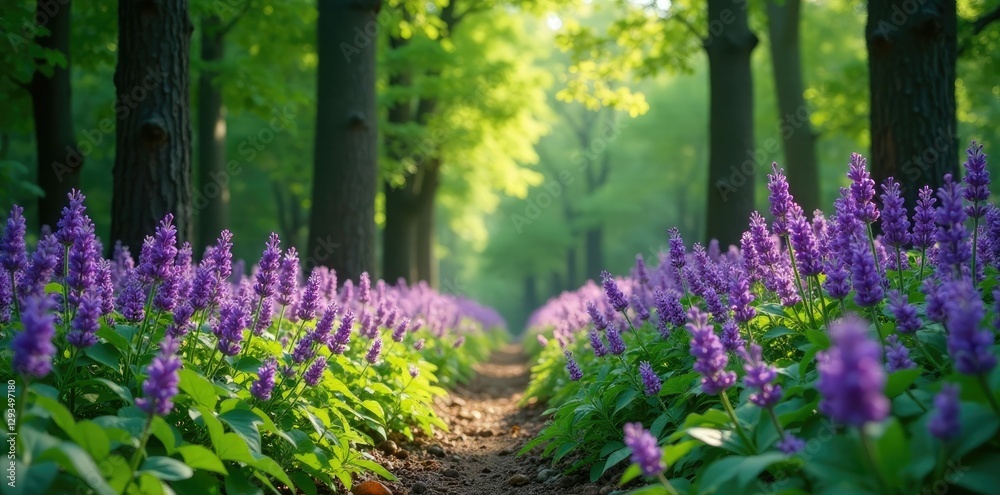 Obraz premium Wild lilac lavender growing amidst tall trees and lush undergrowth, foliage, plants