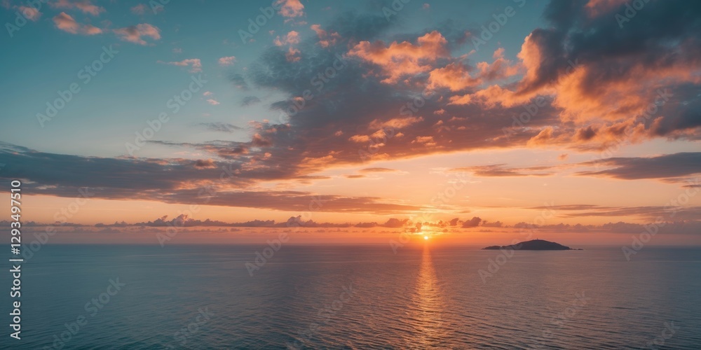 Sunset Over Calm Ocean with Clouds and Remote Island providing Serene Atmosphere and Space for Text Overlay Sunset Over Calm Ocean with Clouds and Remote Island providing Serene Atmosphere and Space for Text Overlay