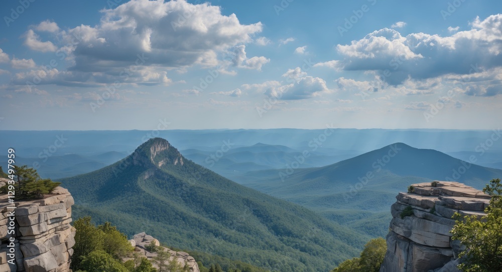 Fototapeta premium Scenic Overlook from Mountain Summit with Lush Green Landscape and Dramatic Clouds Ideal for Text Placement