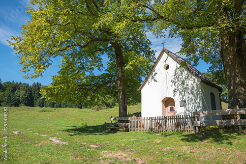 Canvastavla pictorial chapel Boschetkapelle in may, hiking destination near Ohlstadt, upper