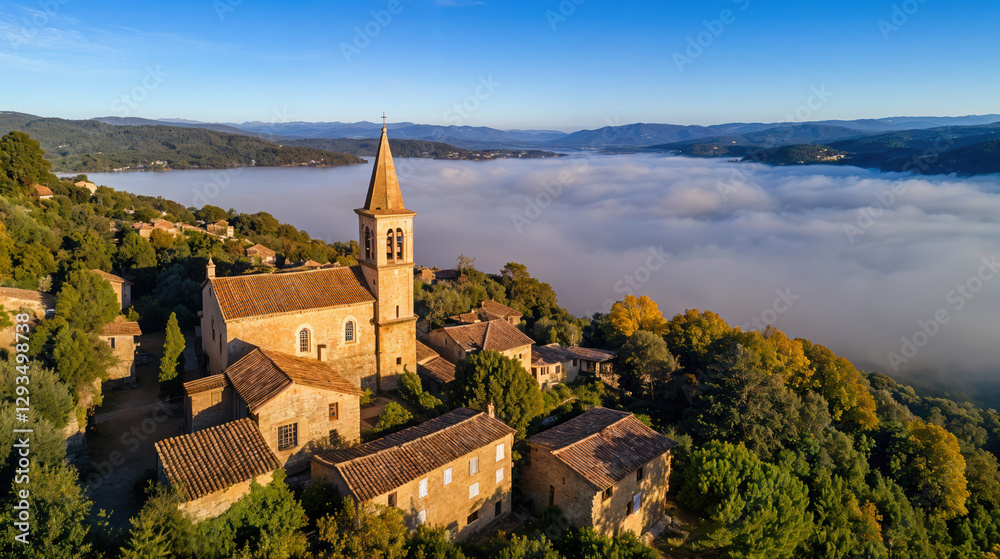 Village médiéval provençal perché avec son église surplombant une mer de nuages Village médiéval provençal perché avec son église surplombant une mer de nuages
