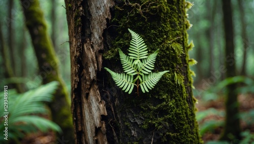 Lush green fern leaf adorning a moss-covered tree trunk in a serene forest setting showcasing nature's beauty and tranquility.