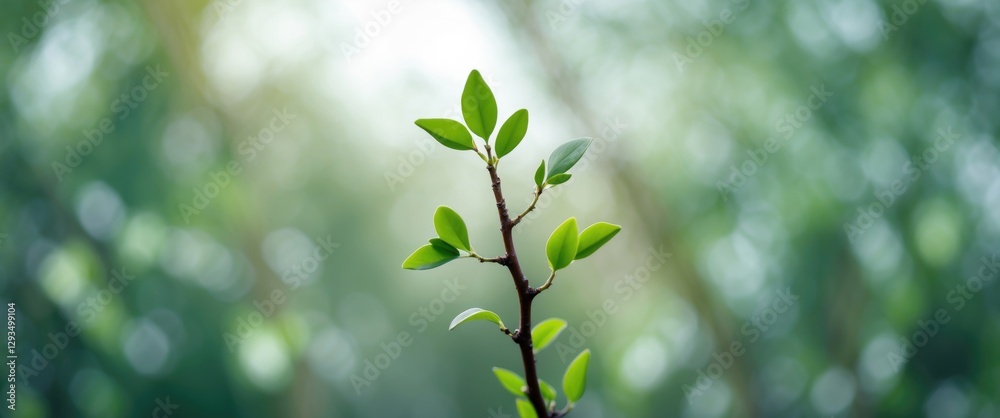 Abstract Macro Photography of a Green Twig with Leaves Against a Blurred Background Featuring Shallow Depth of Field and Copy Space Abstract Macro Photography of a Green Twig with Leaves Against a Blurred Background Featuring Shallow Depth of Field and Copy Space