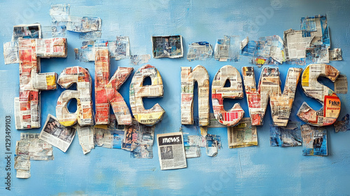Fake news is spelled out using newspaper clippings on a blue background. Concept of misinformation and media manipulation. For media literacy education