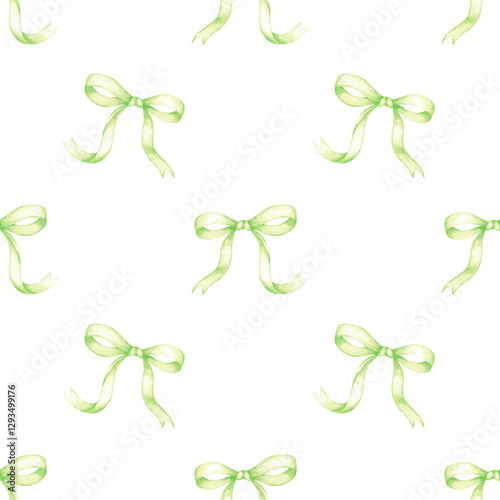 Hand drawn watercolor green bow seamless pattern. Illustration isolated on white background. Can be used for textile, fabric, wrapping and other printed products.